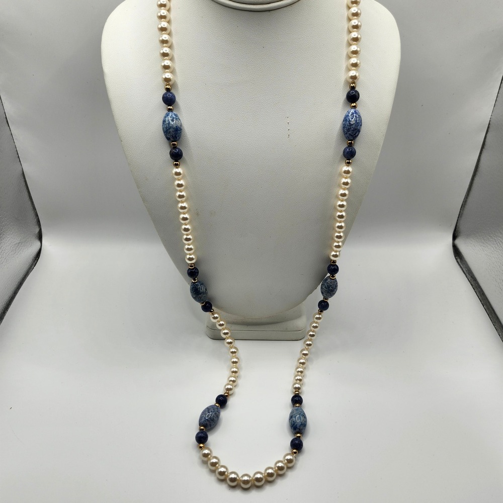 Vintage Faux Pearl and Blue Mottled Stone Beaded Strand Necklace Gold Tone Accen